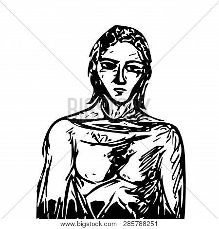 Portrait Of A Man With Long Hair. Vector Drawing With Black Lines On White Isolated Background.