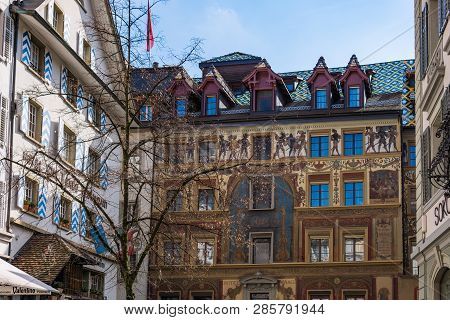 Lucerne, Switzerland - March, 2017: Exterior Views Of The Buildings In The Old Town Centre
