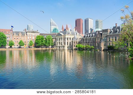 City Center Of Den Haag - Mauritshuis With Reflections In Pond, Netherlands