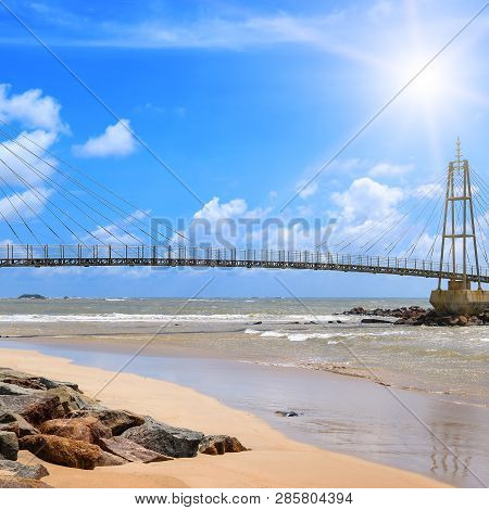 Modern Pedestrian Bridge On An Island In The Ocean . Matara. Sri Lanka.