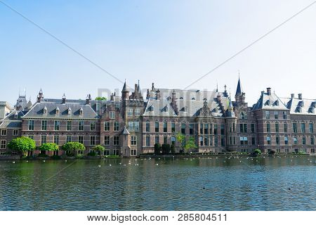 Facade Of Binnenhof - Dutch Parliament With Hofvijver Pond, The Hague, Holland