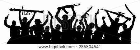 Armed Terrorists. Crowd Of Military People With Weapons. Shooting Game Airsoft Paintball. Military S