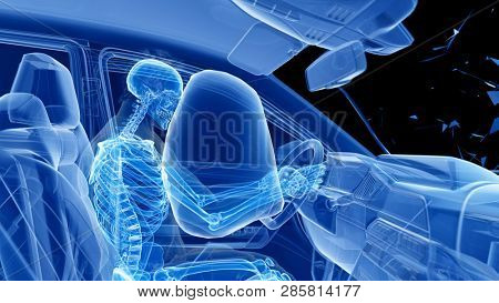 3d rendered illustration of two colliding cars - illustrating the effect of an impact with airbag