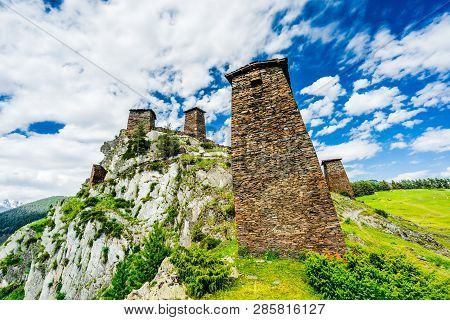 Ruins Of Traditional Georgian Defensive Tower At Remote Tushetian Village Omalo