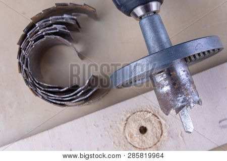 A Device For Making Holes In Wood. Joinery Accessories For Diy Enthusiasts. Dark Background.