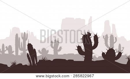 Illustration Of Silhouette Different Cactuses On Landscape Dark Color