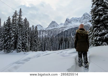 A Young Woman Admiring The Snowy Views Of Island Lake In Fernie, British Columbia, Canada.  The Maje