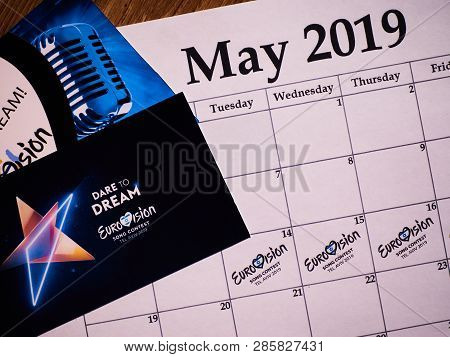 Kyiv, Ukraine - February 2019: Schedule Of Eurovision Song Contest 2019. Dare To Dream, Heart As Sym