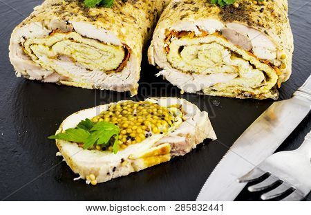 Chicken Meat Rolls With Egg Pancakes And Carrots.