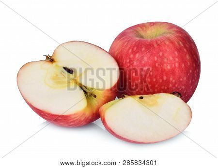 Whole And Half Pink Lady Apple Isolated On White Background