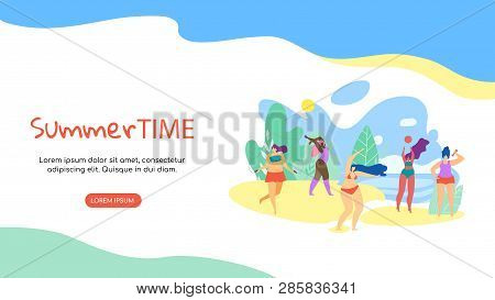Summer Time Horizontal Banner With Copy Space. Young Happy Various Women Playing And Relaxing Open A