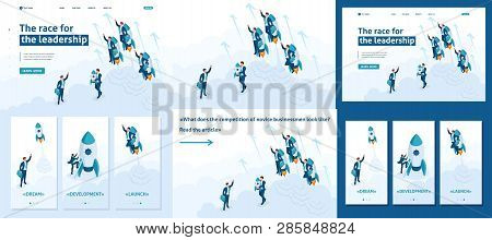 Set Template Article, Landing Page, App Design, Isometric Race For Leadership, Competition Of Young 