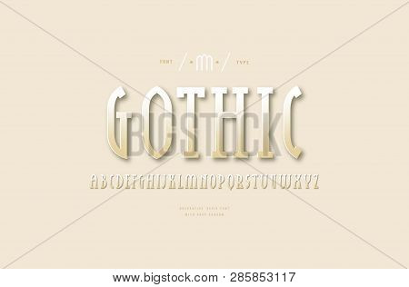 Stock Vector Golden Colored Narrow Slab Serif Font. Letters And Numbers For Logo And Headline Design