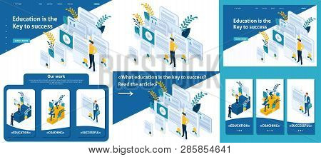 Set Template Article, Landing Page, App Design, Isometric Education And Coaching Is The Key To Succe