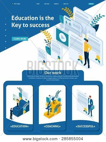 Isometric Website Template Landing Page Conceptual Education And Coaching Is The Key To Success. Dip