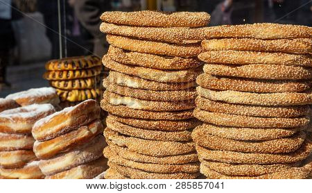 Traditional Greek Koulouri, Sesame Bread Ring Bagels, Street Food Closeup View