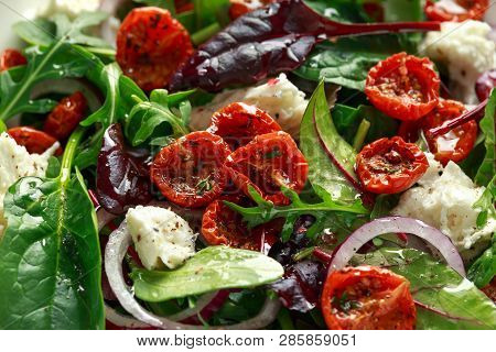 Sun Dried Tomatoes Salad With Fresh Vegetables Mix And Mozzarella Cheese. Healthy Food. Closeu Up