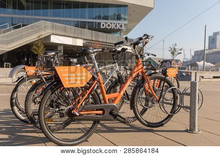 Copenhagen, Denmark, October 2018: Rental Bikes Outside Dokk1 In Copenhagen