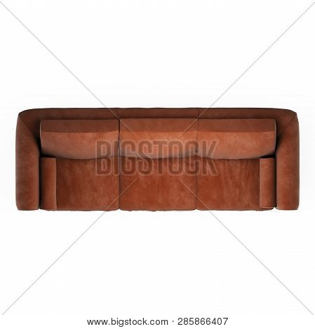 Three-seater Soft Brown Sofa On A White Background Top View 3d Rendering