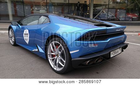 Moscow. Autumn 2018. Bright Blue Lamborghini Huracan Parked On The Street. Backlights And Grill. Sid