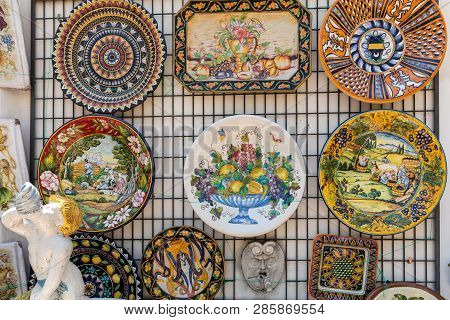 Ravello, Italy - June 16, 2017: Artistic Ceramic Products For Sale In Ravello. A Small Charming Town