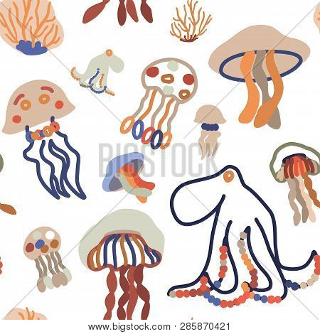 Under The Sea Theme Seamless Pattern With Cute Jellyfish, Octopus And Coral. Pastel Colors. Childish