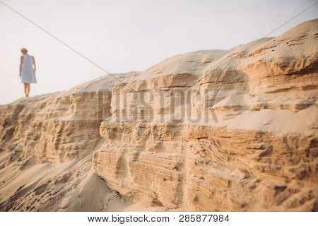 Tired Girl Walking Sand Desert Beach Footprints