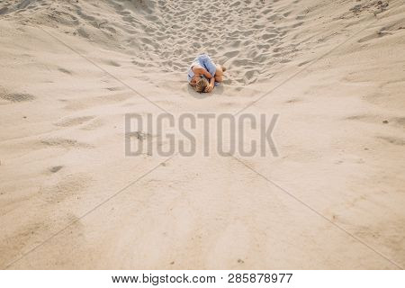 Girl Sundress Lies Sand Sad Crying Longing