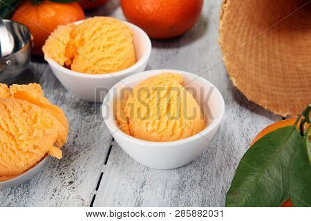 Scoop Of Tangarine Orange Ice Cream. Delicious Icecream Set