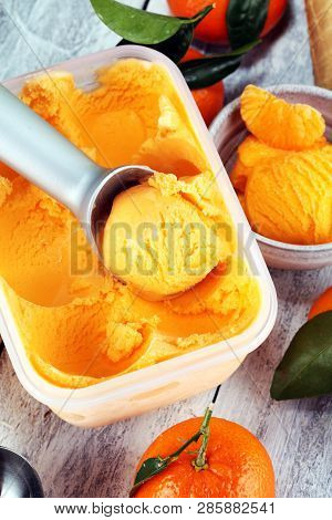 Scoop Of Tangarine Orange Ice Cream. Delicious Icecream Set