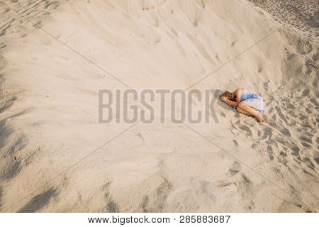 Girl Sundress Lies Sand Sad Crying Longing