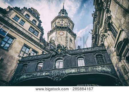 Hausmannsturm, Dresden Castle, Germany. Architectural Scene. Travel Destination. Analog Photo Filter