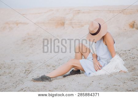Girl Hat Solitude Desert Sand Outside Sunny