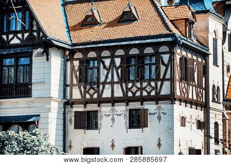 Close Up Of The Castle Lesna. Interesting Architecture. Teal And Orange Photo Filter.