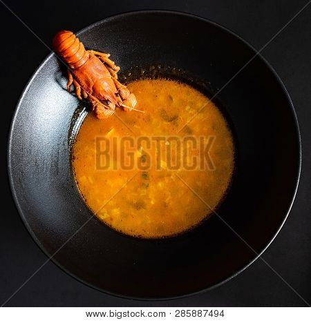 Traditional Russian soup Solyanka with fish and crayfish