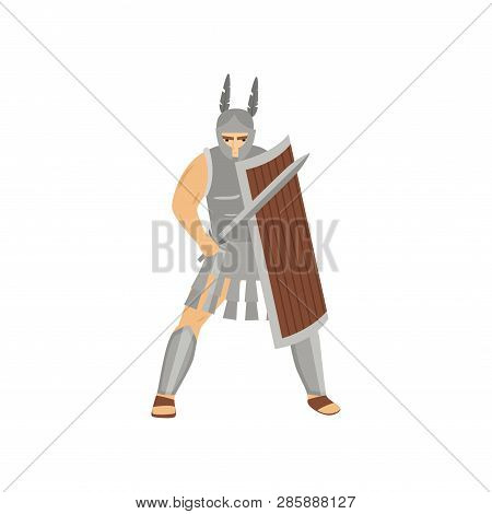 Brave Caucasian Centurion With Menacing Look In Steel Armor Isolated On White Background