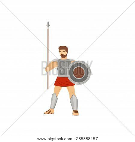 Brave Caucasian Centurion Standing With Spear And Shield Isolated On White Background
