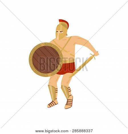 Fighting Strong Gladiator In Red Loincloth Isolated On White Background