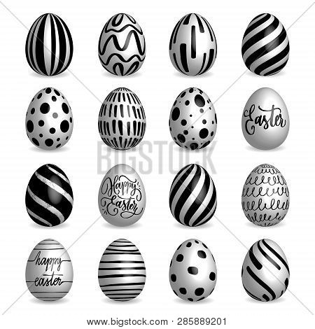 Set Of Black And White Easter Eggs Collection On A White Background. Modern Calligraphy, Hand Letter