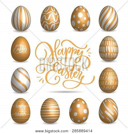 Set Of Beige Easter Eggs Collection On A White Background. Modern Calligraphy, Hand Lettering And Ha