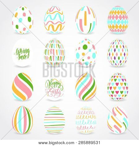 Vector Illustration Of Multicolored Easter Eggs Collection On A White Background. Modern Calligraphy