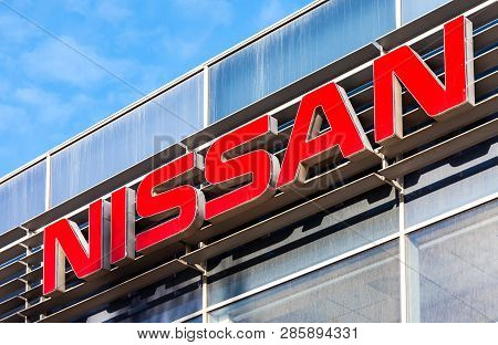 Samara, Russia - March 6, 2017: Official Dealership Sign Of Nissan On The Wall Of The Office Buildin