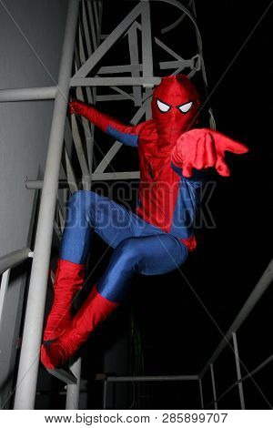 Kiev, Ukraine, 08.09.2008 A Person In A Costume Of Spiderman On The Stairs