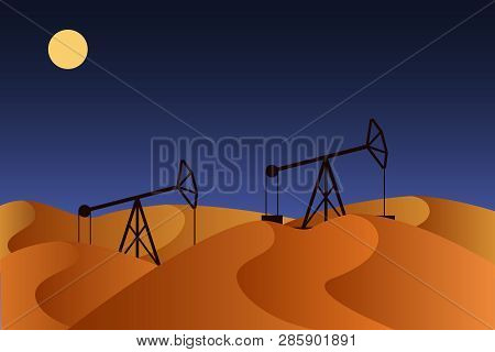 Horse-head Oil Pumps In Night Desert. Vector Illustration.