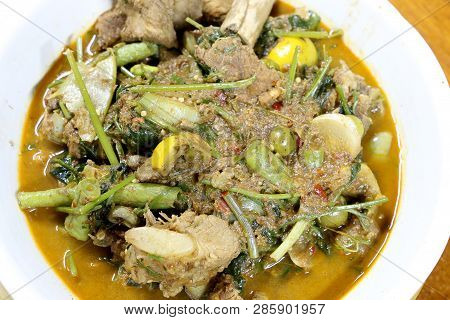 Northern Thai Spicy Curry With Pork And Mixed Vegetables And Thai Herbs With A Northern Spices In Wh