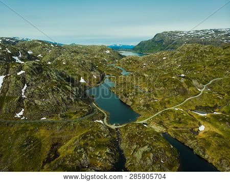 Aerial View. Norway Landscape. Road And Lakes In Stony Rocks Mountains. Norwegian National Tourist S