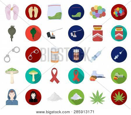 Drug Addiction And Attributes Cartoon, Flat Icons In Set Collection For Design. Addict And Drug Vect