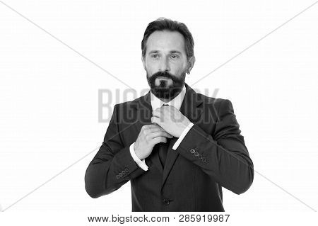 Man Adjust Necktie Isolated On White. Business Man Bearded Mature Formal Suit Adjust Accessory. Busi