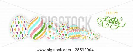 Vector Illustration Of Multicolored Easter Eggs Collection On A White Background. Modern Calligraphy