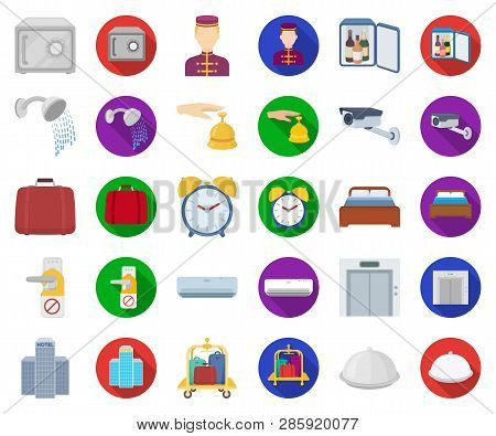 Hotel And Equipment Cartoon, Flat Icons In Set Collection For Design. Hotel And Comfort Vector Symbo